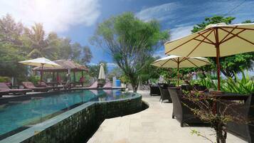 Outdoor pool, pool umbrellas, sun loungers