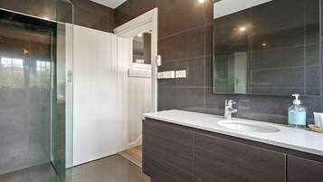 A modern bathroom with a glass shower enclosure, a white vanity with a large mirror, and dark tiled walls.