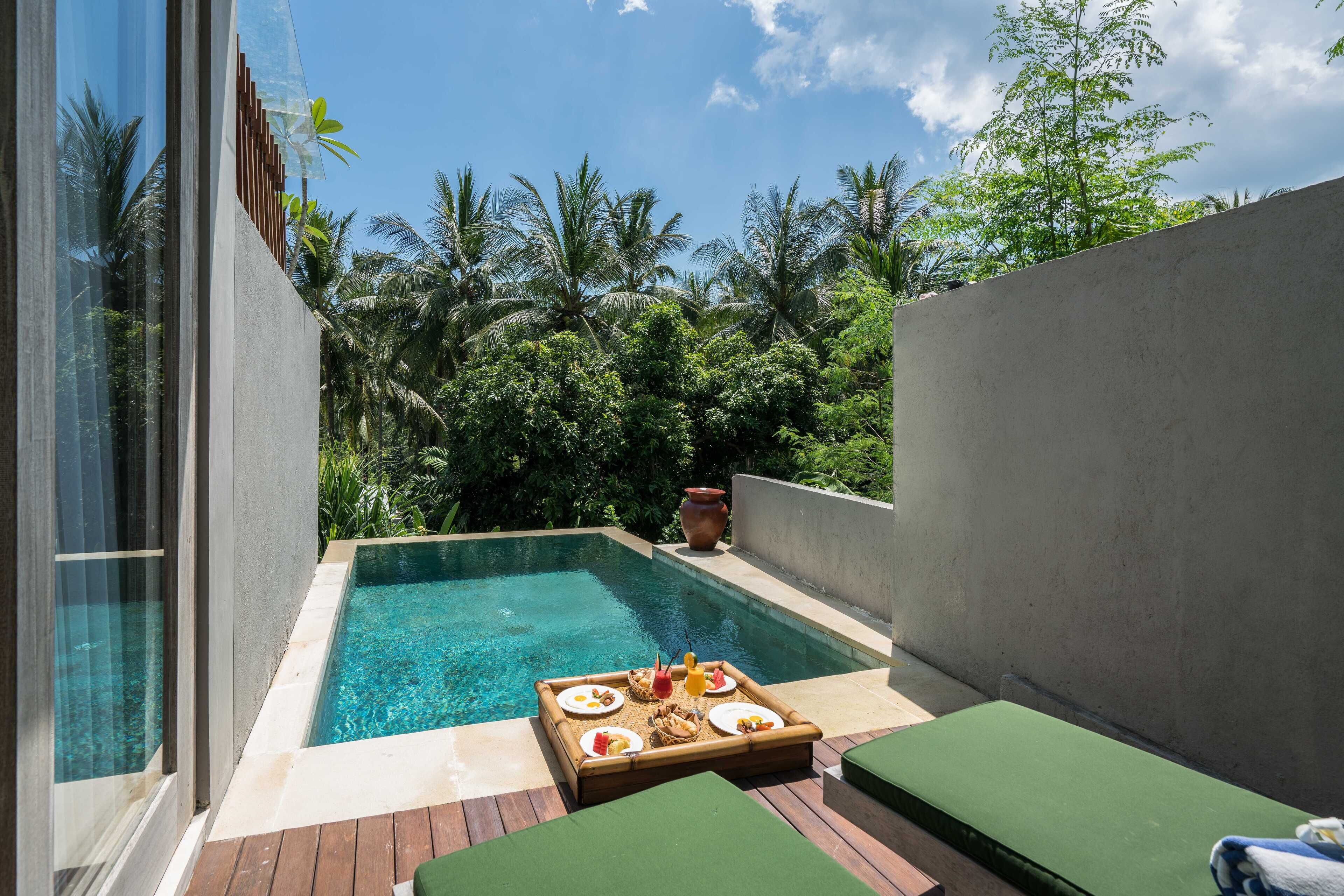 Zona junto a la piscina con vista despejada, rodeada de abundante vegetación y palmeras.