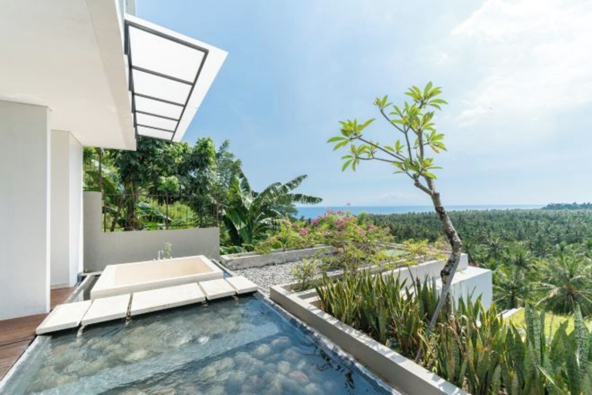 Una piscina a sfioro sul tetto con vista diretta sull'oceano, immersa nel verde e circondata da architettura moderna.