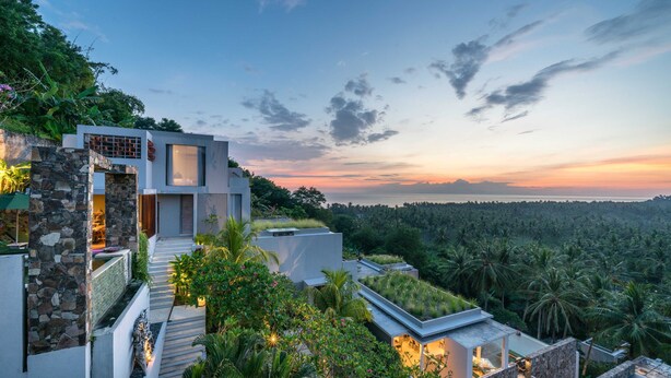 Une villa moderne avec une façade en pierre, un jardin sur le toit et une vue sur une dense forêt de palmiers.