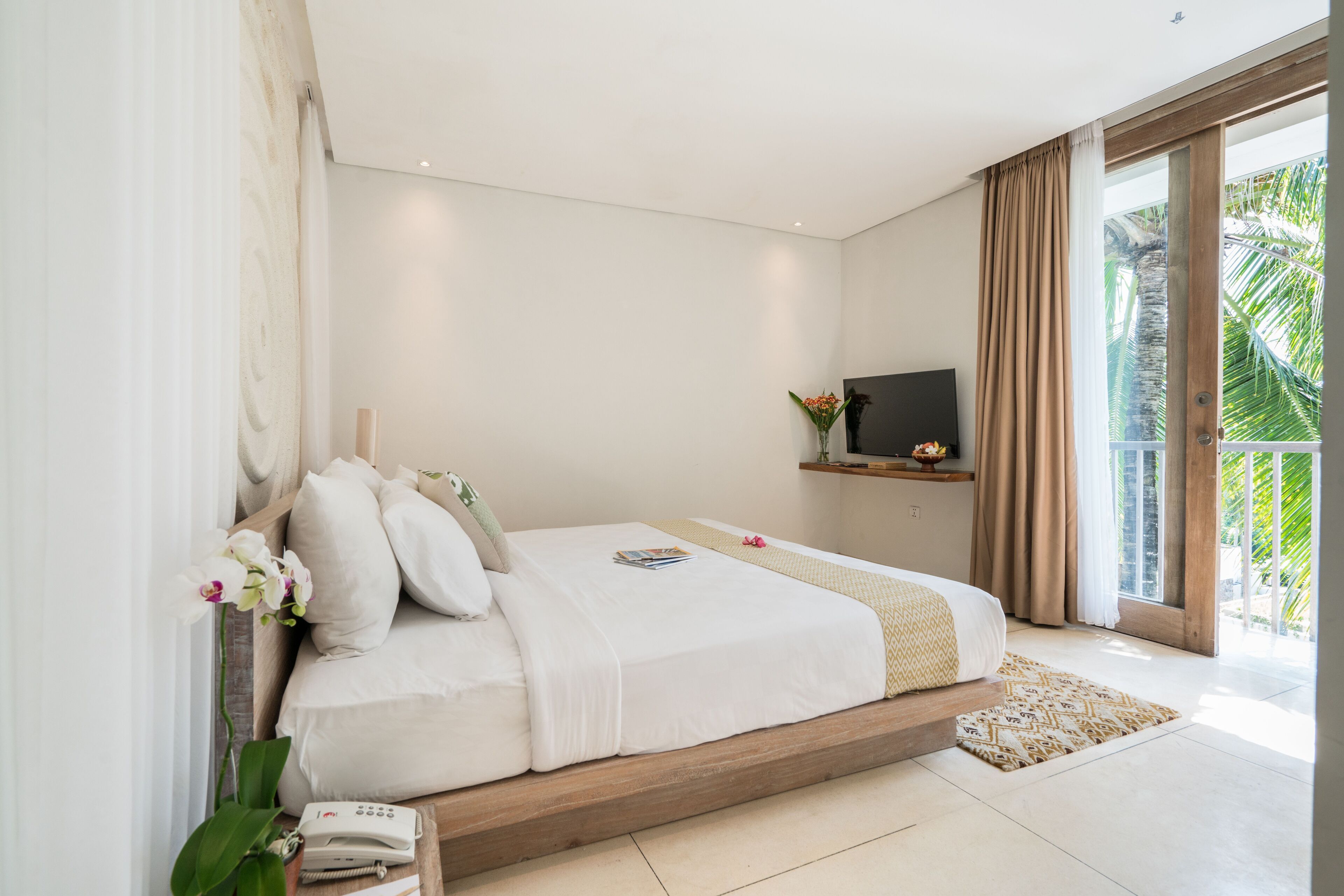 Une chambre avec un lit, un téléviseur posé sur une étagère, une plante et une vue sur des palmiers.