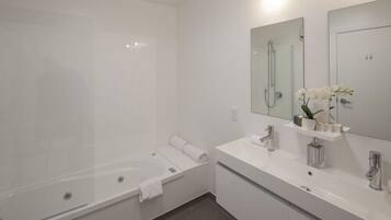 Une salle de bain moderne avec une douche à parois de verre, un lavabo blanc avec un miroir et une petite étagère ornée d’une plante.