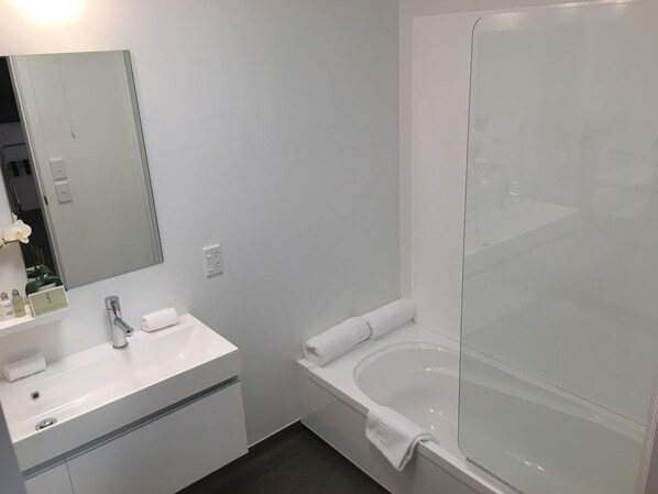 A modern bathroom with a white sink, mirror, and bathtub. - Franz Josef Oasis (Franz Josef Glacier)