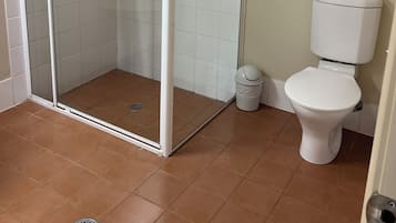 A bathroom with a glass-enclosed shower, a toilet, and a trash bin.