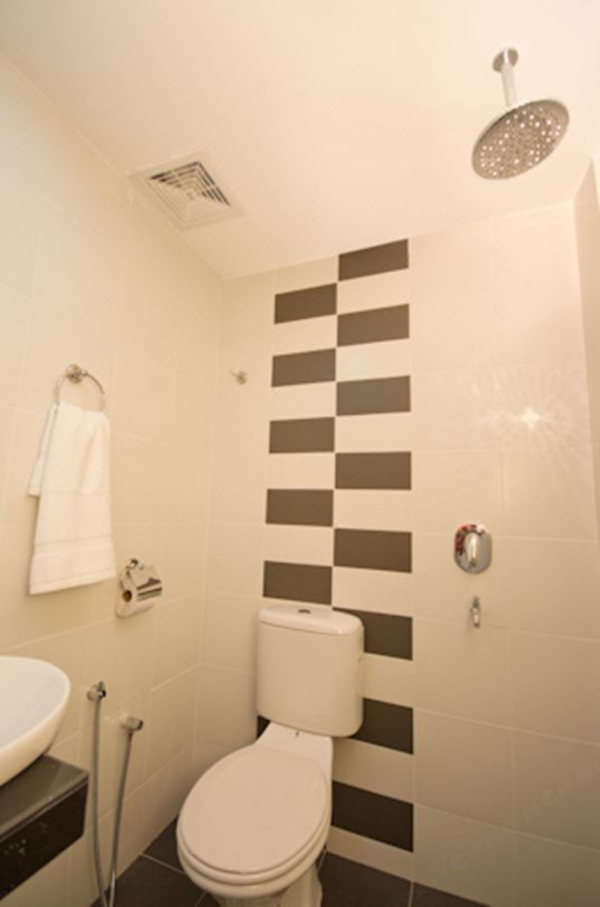 Un bagno con servizi igienici, lavandino, doccia e porta asciugamani.