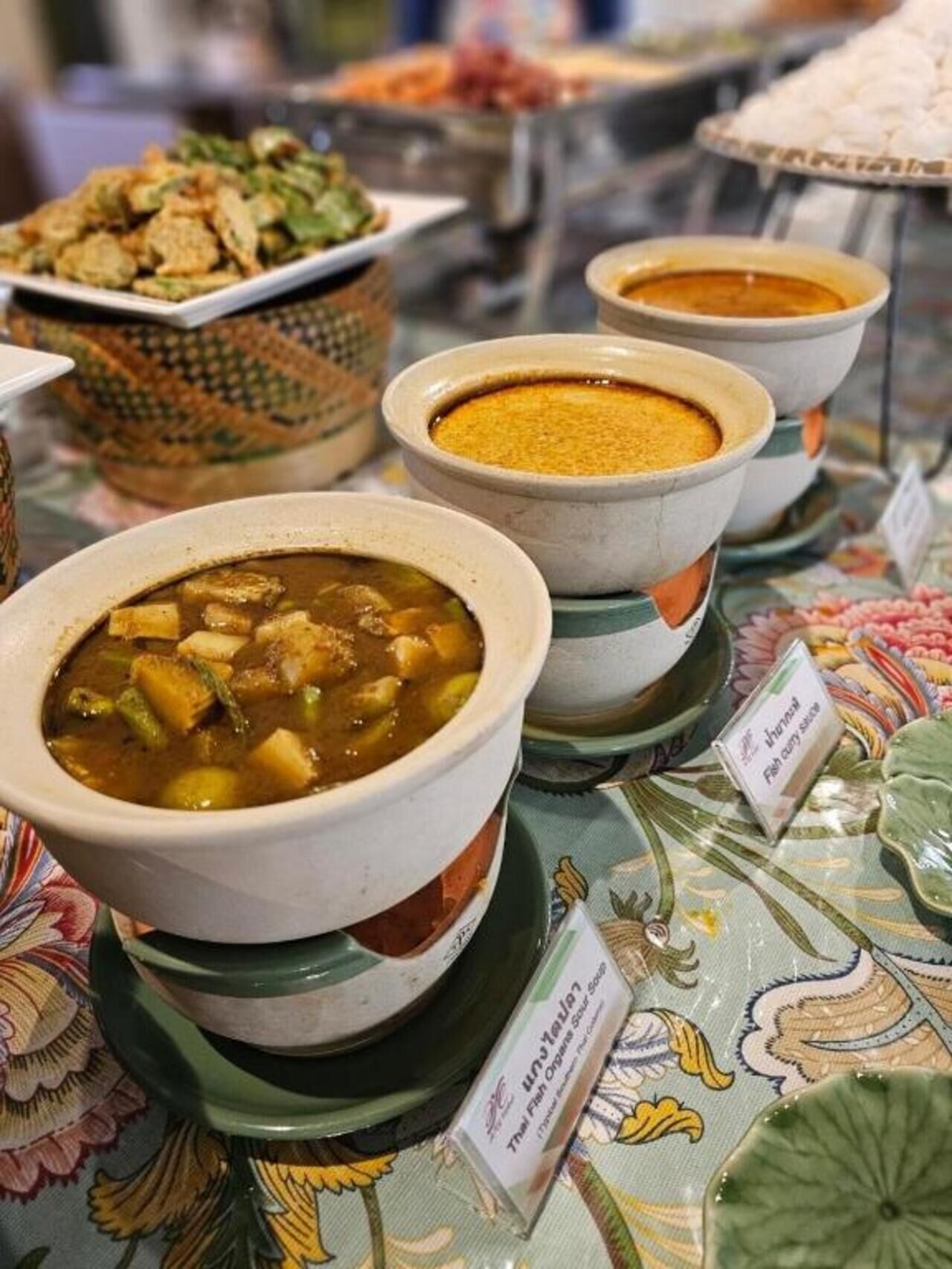 Variedad de platos, incluyendo un tazón de sopa con trozos, un tazón de curry y un tazón de arroz.