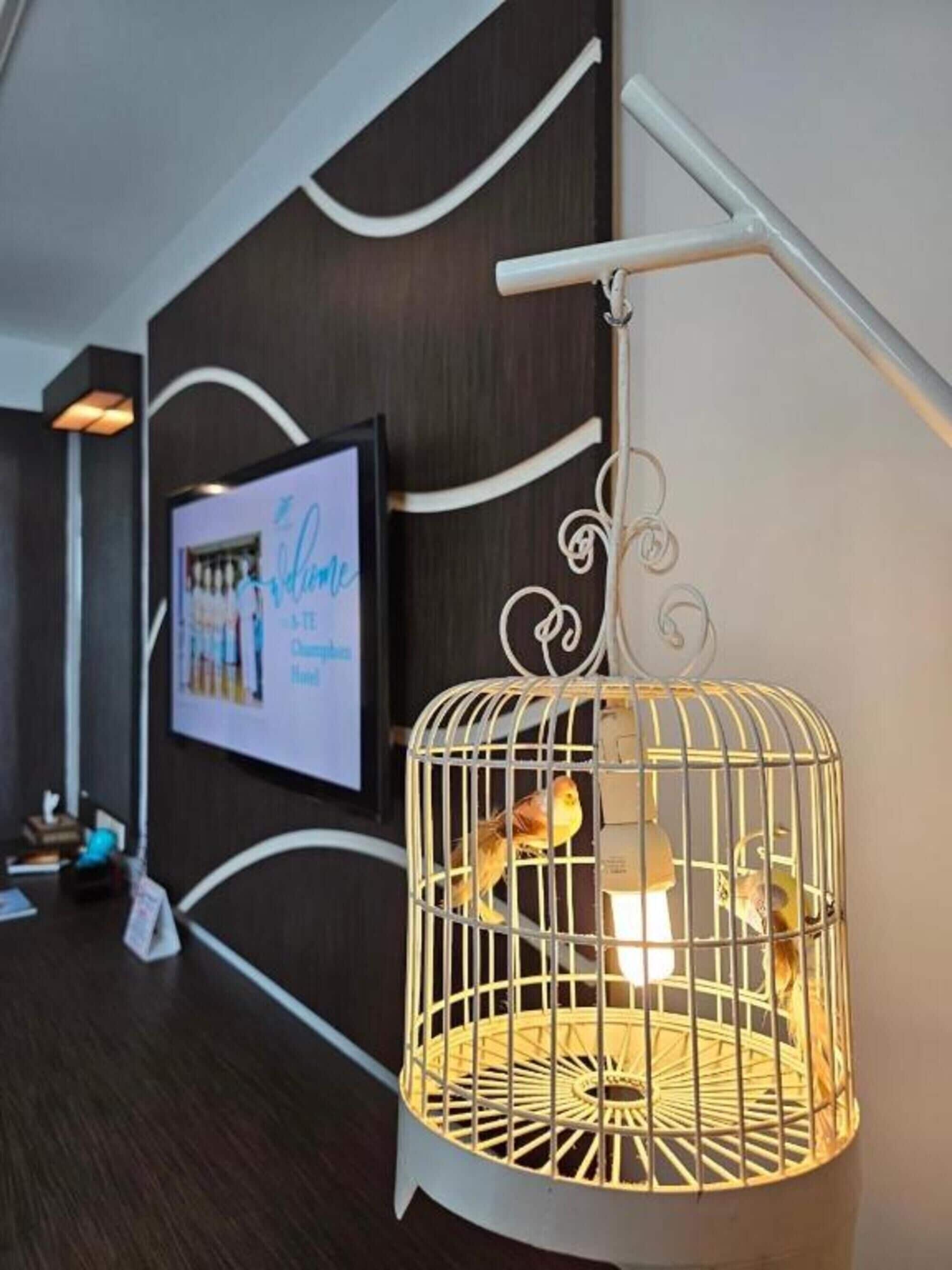 A birdcage with two birds, a wall-mounted TV, and a modern wall design.