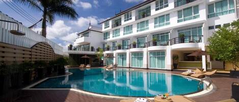 Outdoor pool, pool umbrellas, pool loungers