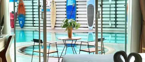 Deluxe Double Room, Pool Access | 1 bedroom, premium bedding, in-room safe, desk