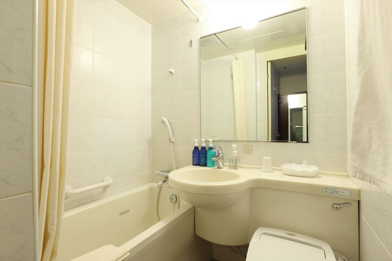 Ensemble baignoire-douche, articles de toilette (gratuits)