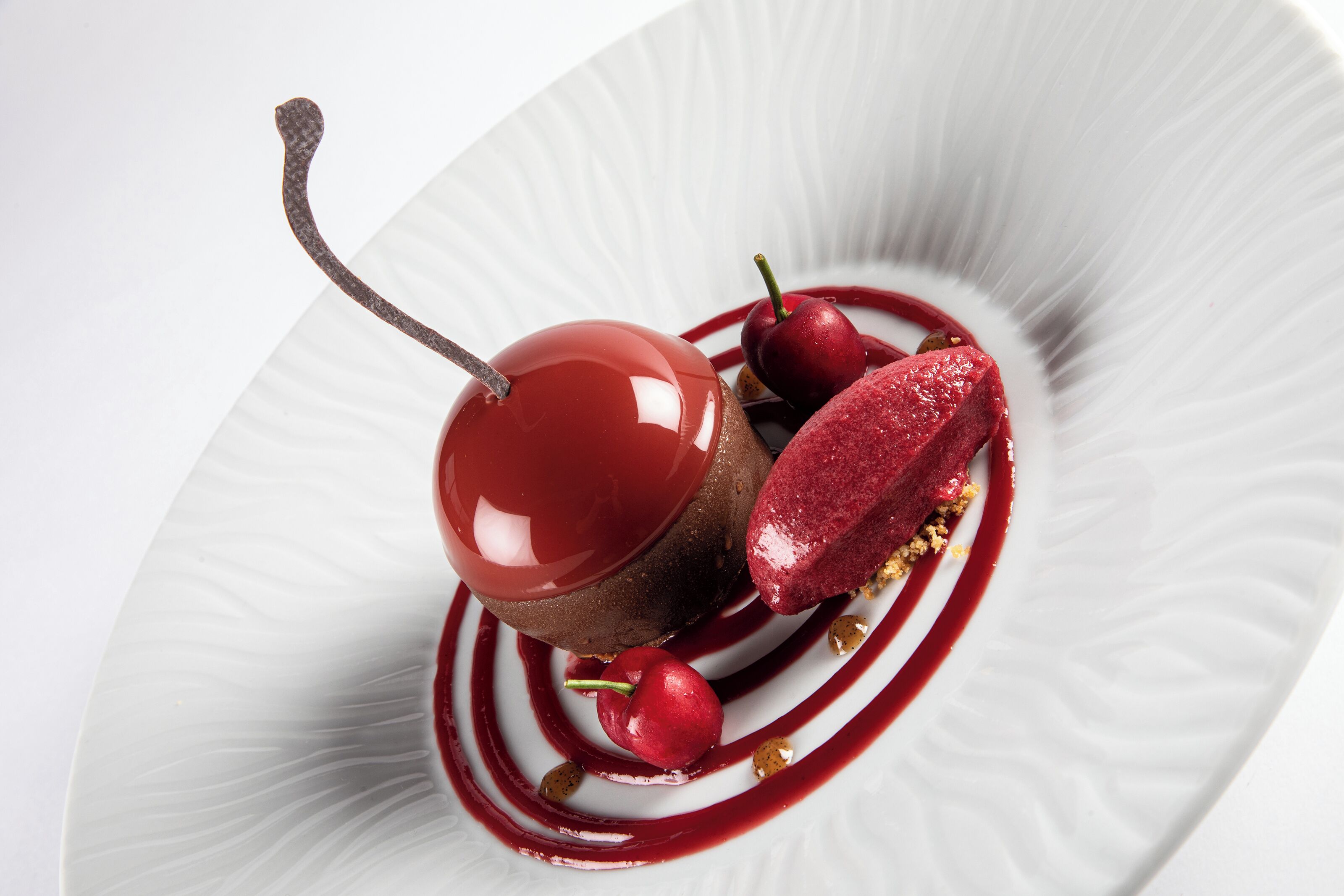 A dessert with cherries and a glossy chocolate sphere on a white plate.