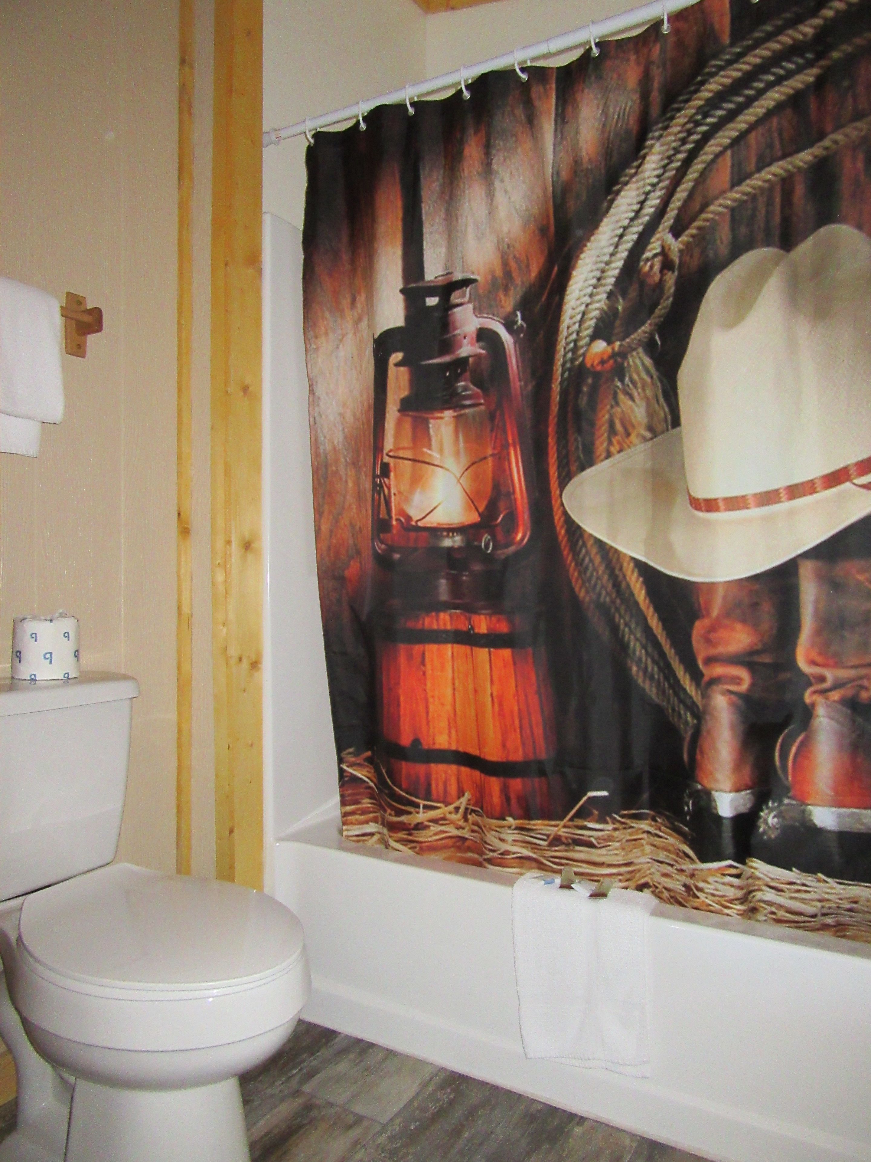 A bathroom with a white toilet, a shower curtain depicting a lantern and cowboy hat, and a towel rack.