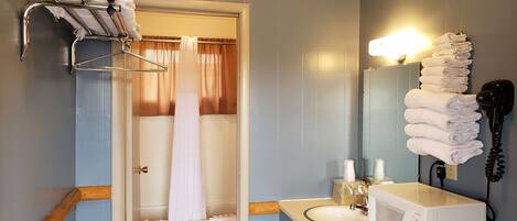 Une salle de bain avec une douche, un porte-serviettes, un sèche-cheveux et un four à micro-ondes posé sur le comptoir.