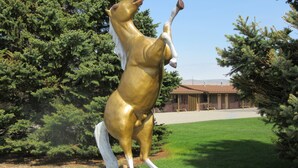 Una estatua dorada de un caballo en un área con césped, árboles y un edificio al fondo.