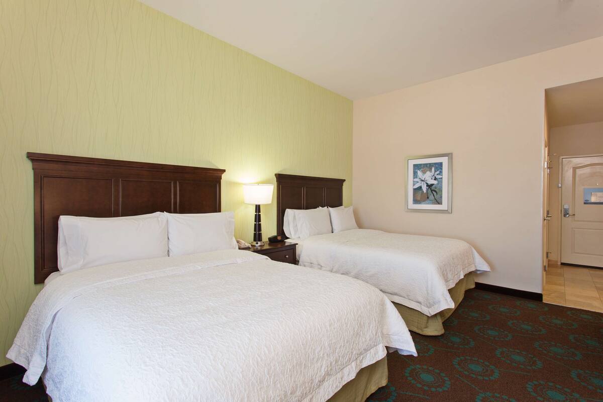 A hotel room with two beds, a nightstand with a lamp, a framed picture on the wall, and a carpeted floor.
