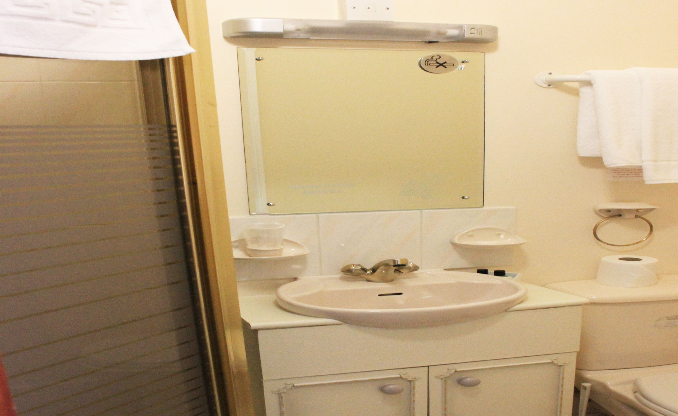 Un baño con lavamanos, espejo, inodoro y toallero.