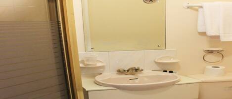 Un baño con lavamanos, espejo, inodoro y toallero.