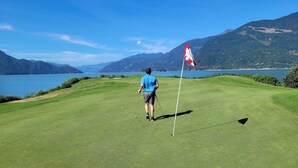 Un campo de golf con un mástil de bandera, una bandera y un cuerpo de agua al fondo.