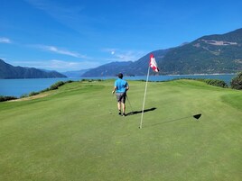 Un campo de golf con un mástil de bandera, una bandera y un cuerpo de agua al fondo.