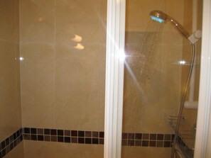 Shower, free toiletries, hair dryer, towels