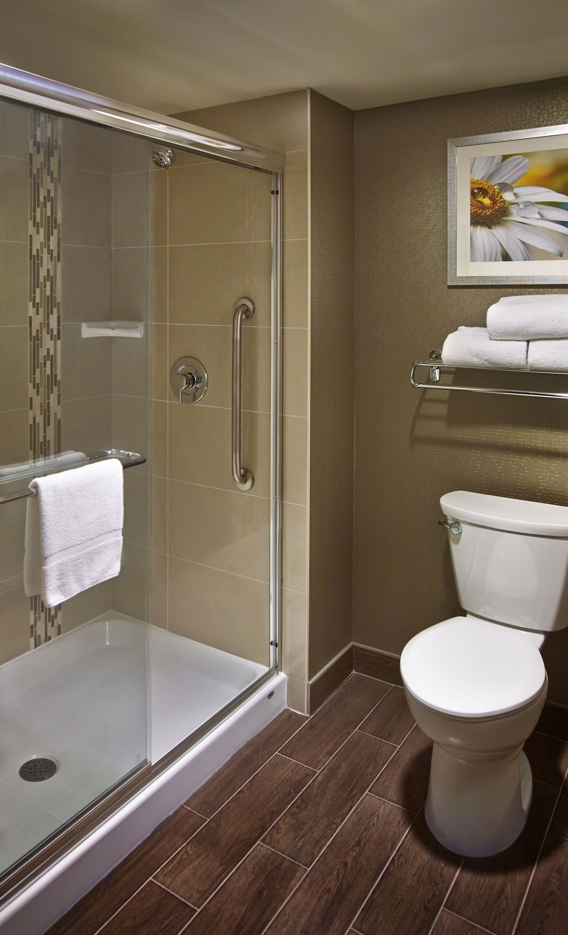 combined shower/bathtub, free toiletries, hair dryer, towels