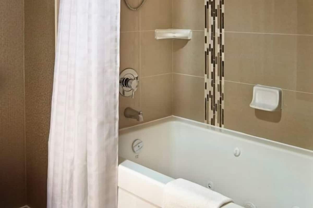 Combined shower/tub, free toiletries, hair dryer, towels