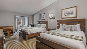 Premium bedding, desk, laptop workspace, blackout curtains