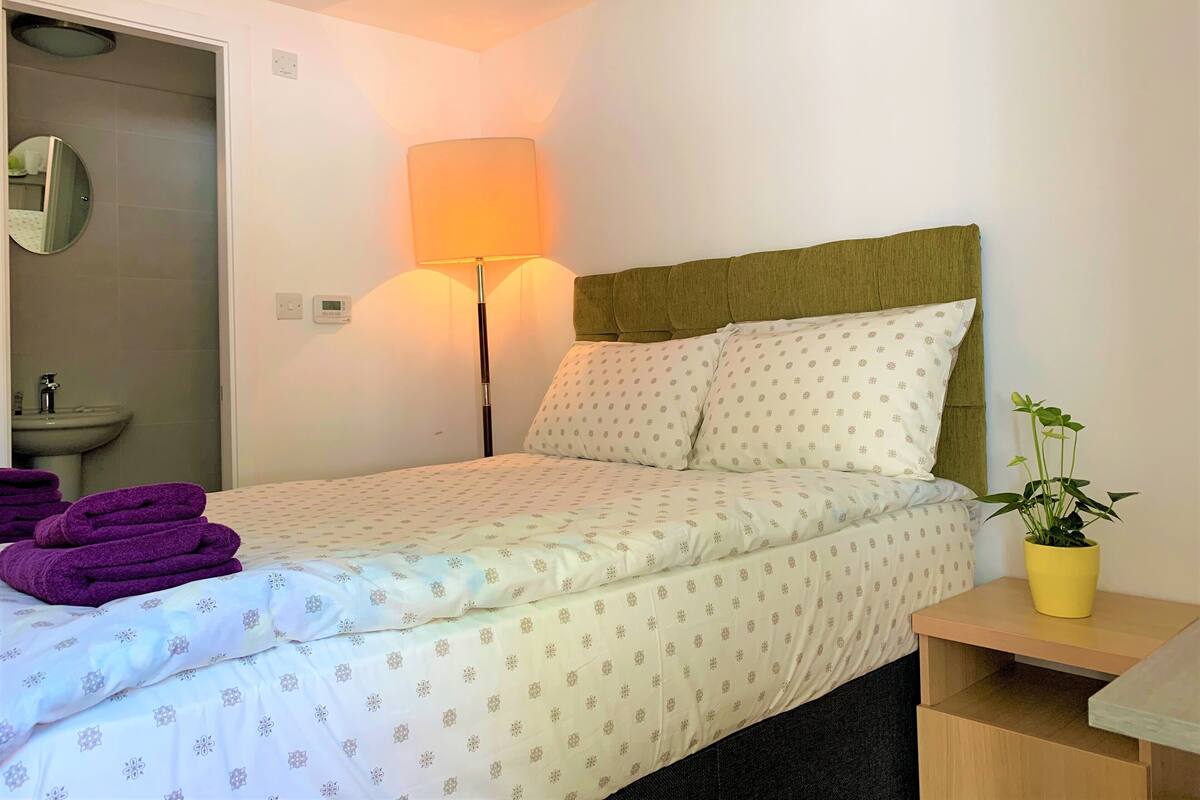 A hotel room with a bed, a bedside lamp, a small bedside table with a plant, and a bathroom visible through an open door.