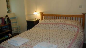 A bedroom with a wooden bed, a nightstand with a lamp, a chair, and a bookshelf.