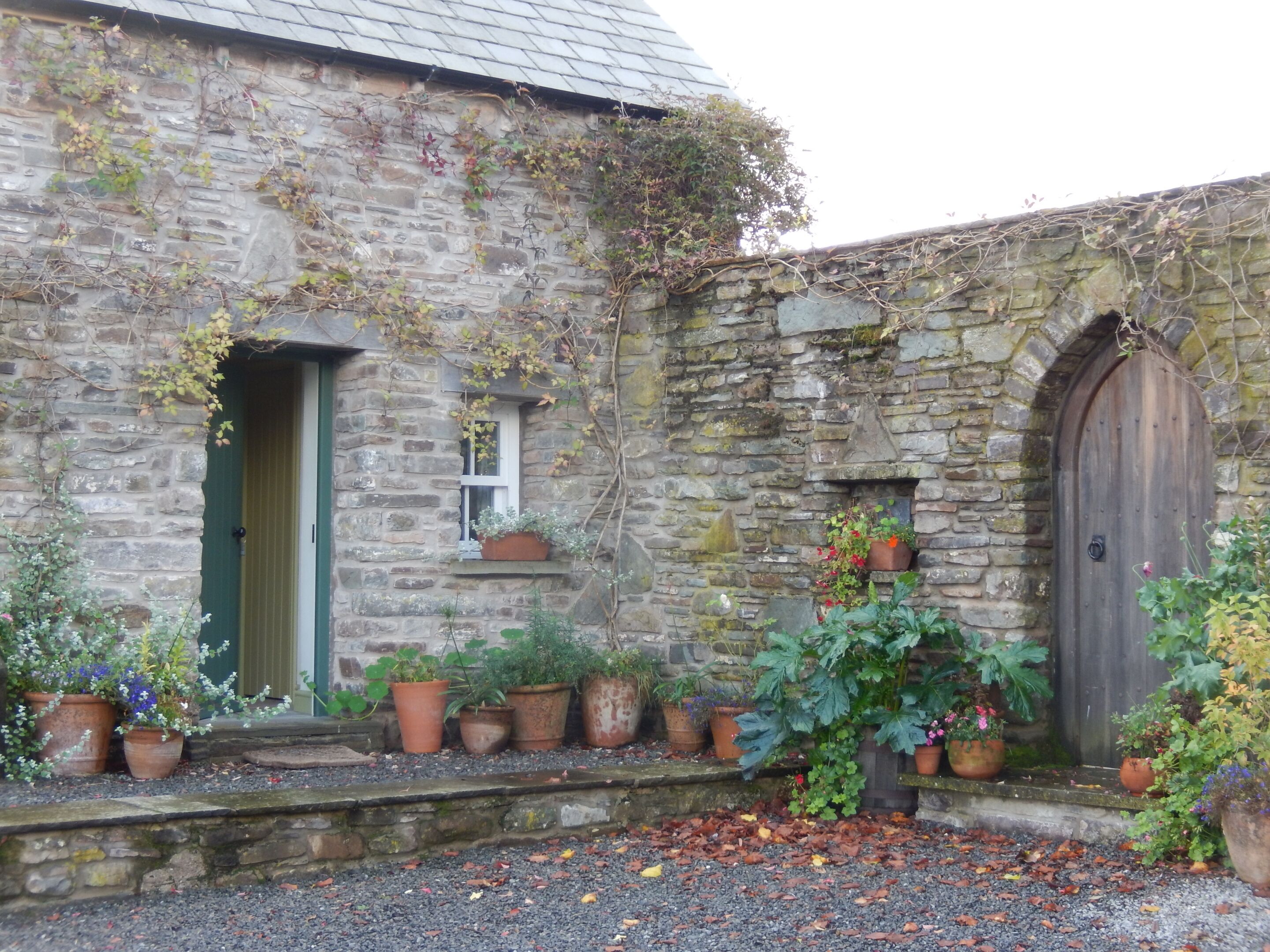 A stone building with a wooden door, windows, and potted plants.