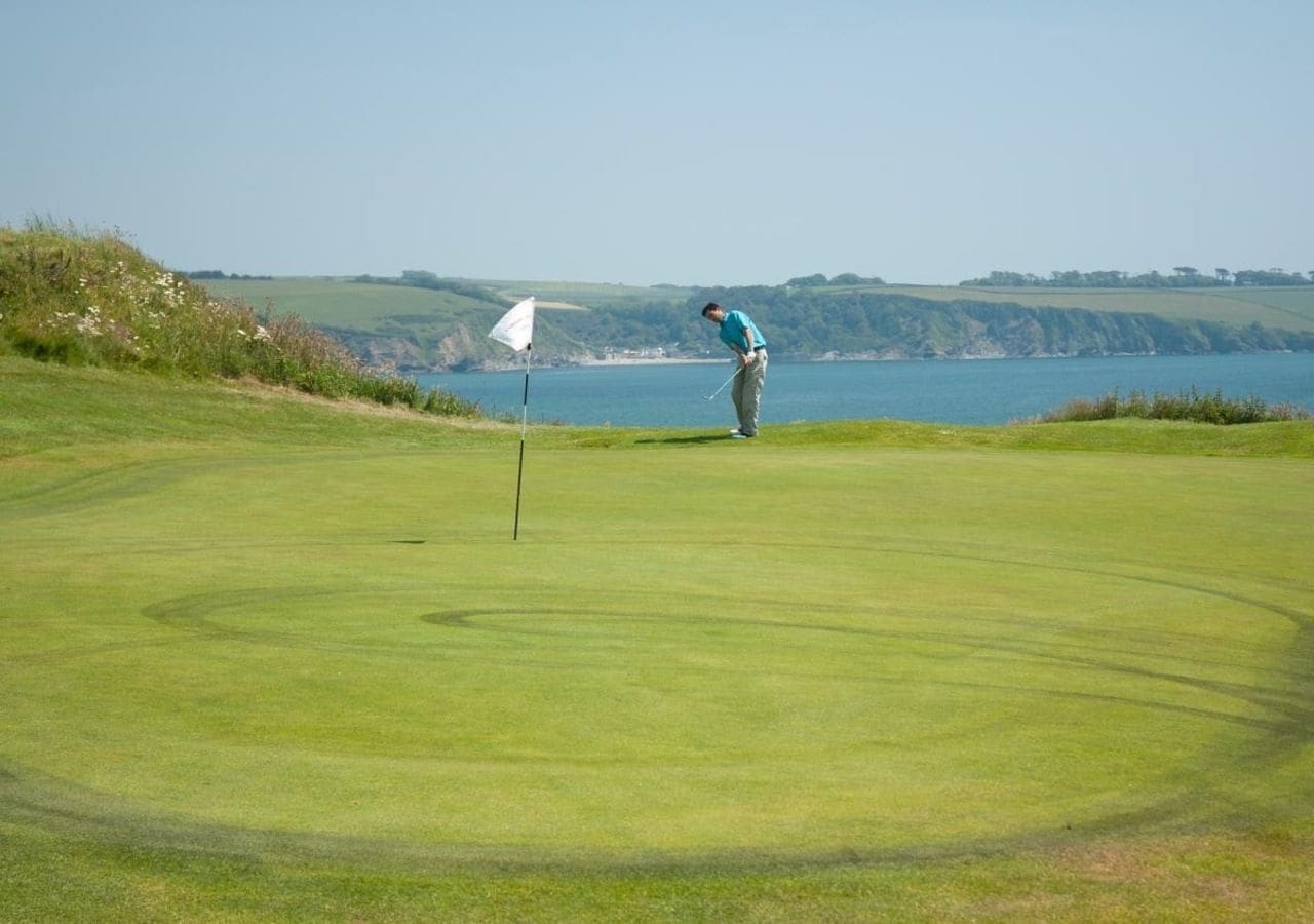 A golf course with a flagstick and a golfer in a blue shirt.