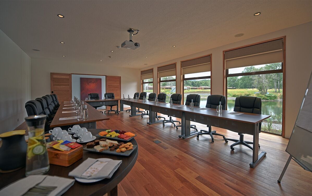 A conference room with a long table, chairs, and a projector. There are windows with a view of greenery outside.
