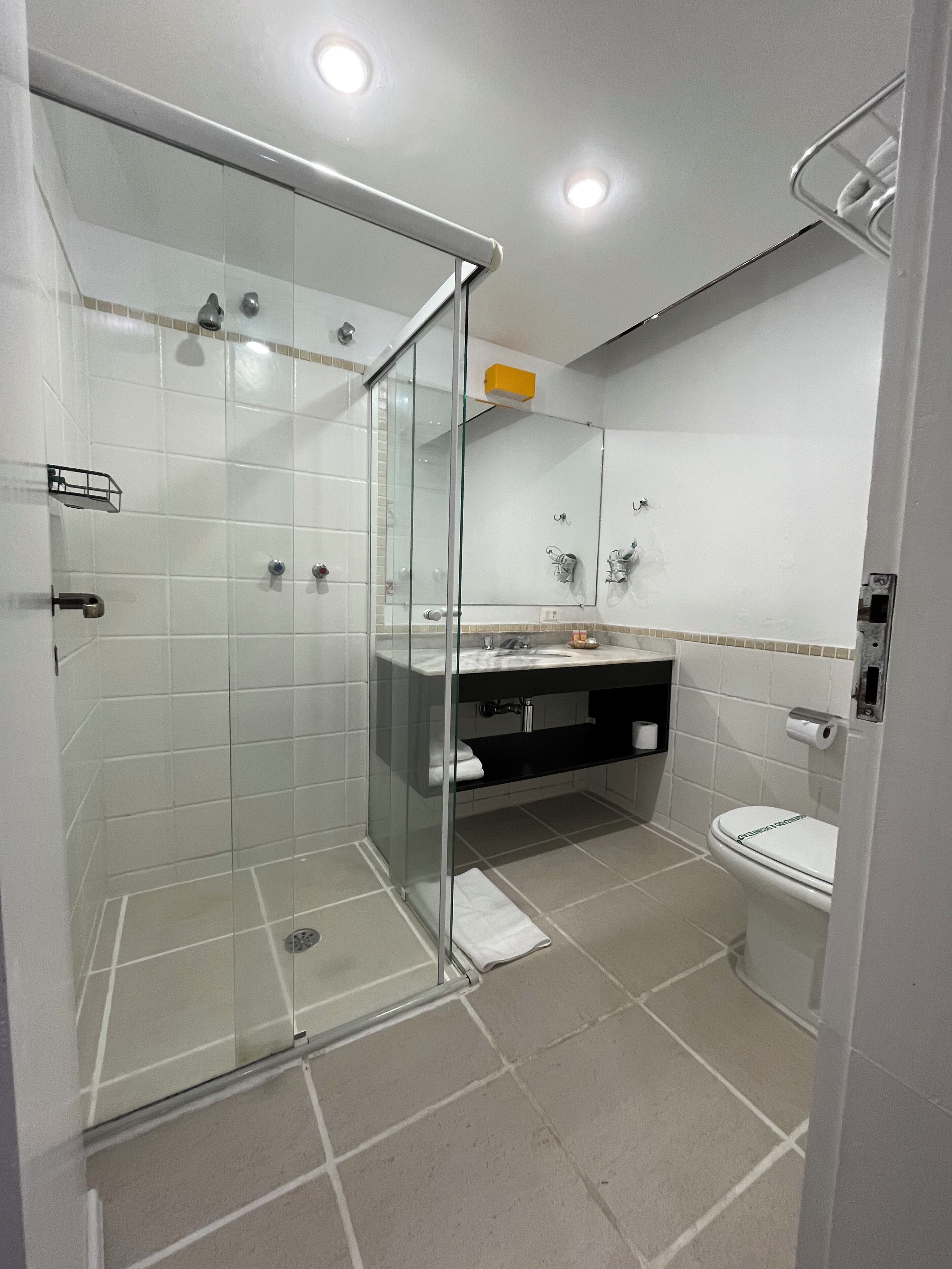 A modern bathroom with a glass-enclosed shower, a white toilet, and a vanity with a mirror.