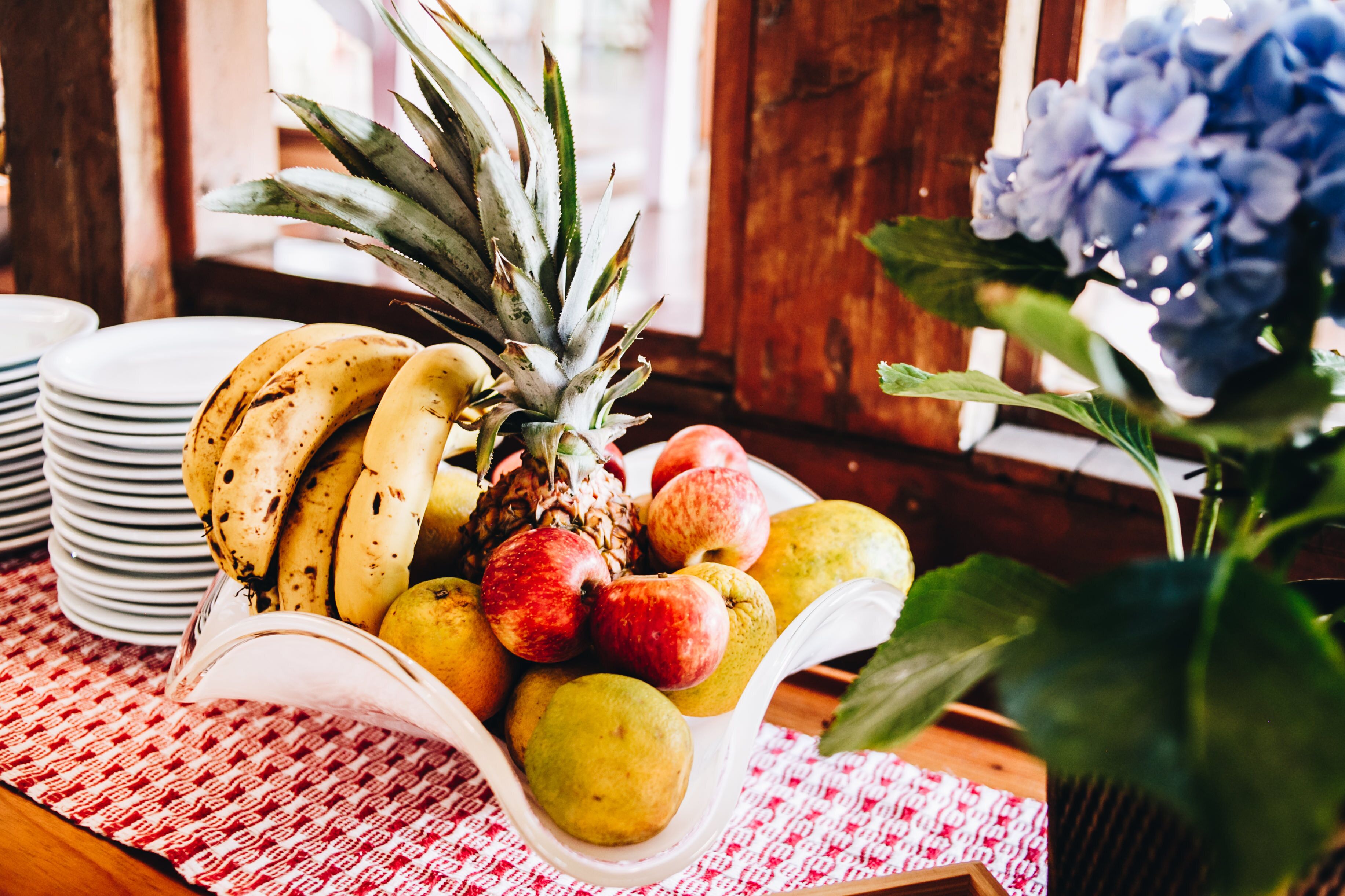 Un frutero sobre una mesa con mantel a cuadros rojos y blancos.