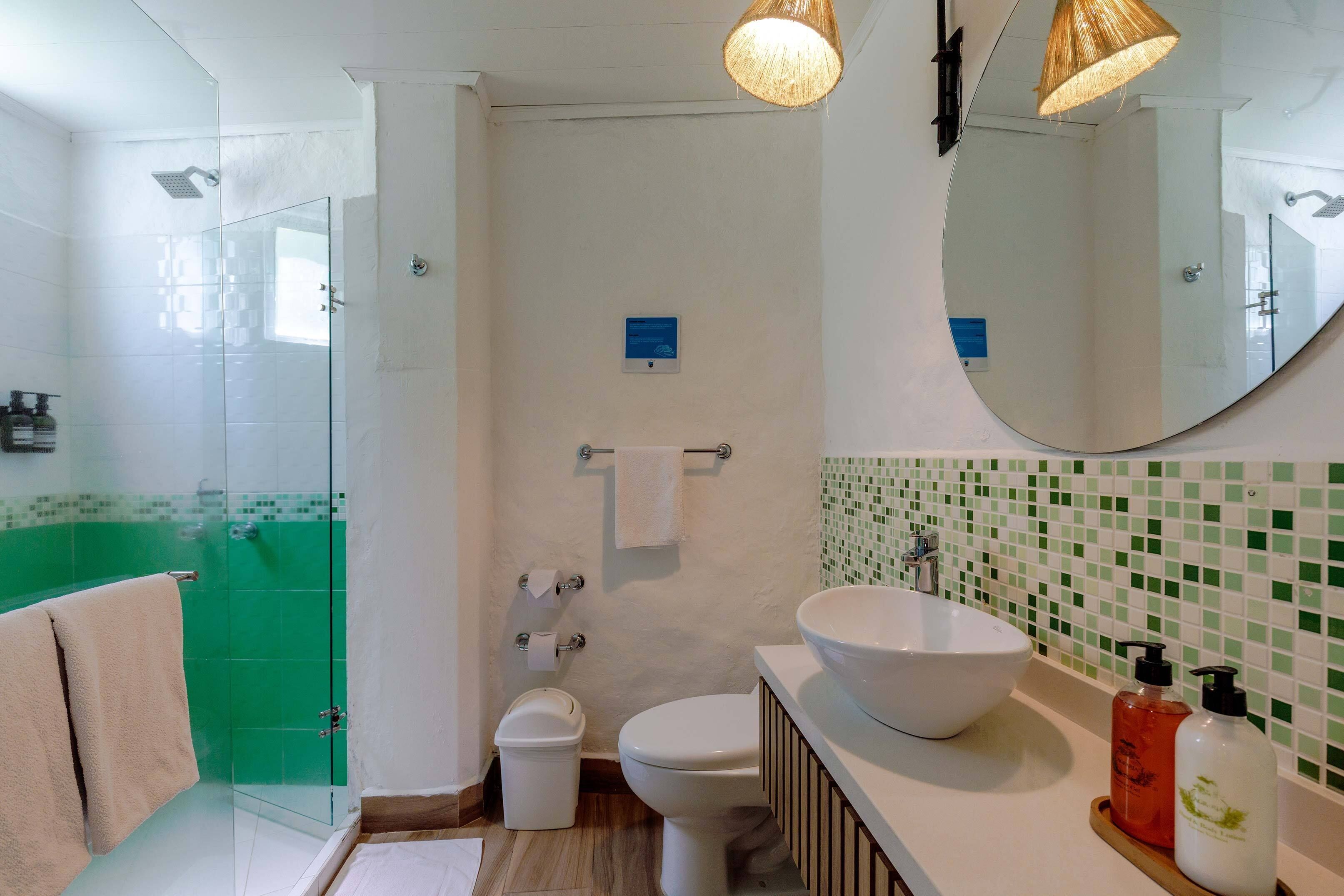 Un baño con ducha envuelta en vidrio, inodoro blanco, lavabo con un espejo grande y mosaicos verdes en la pared.