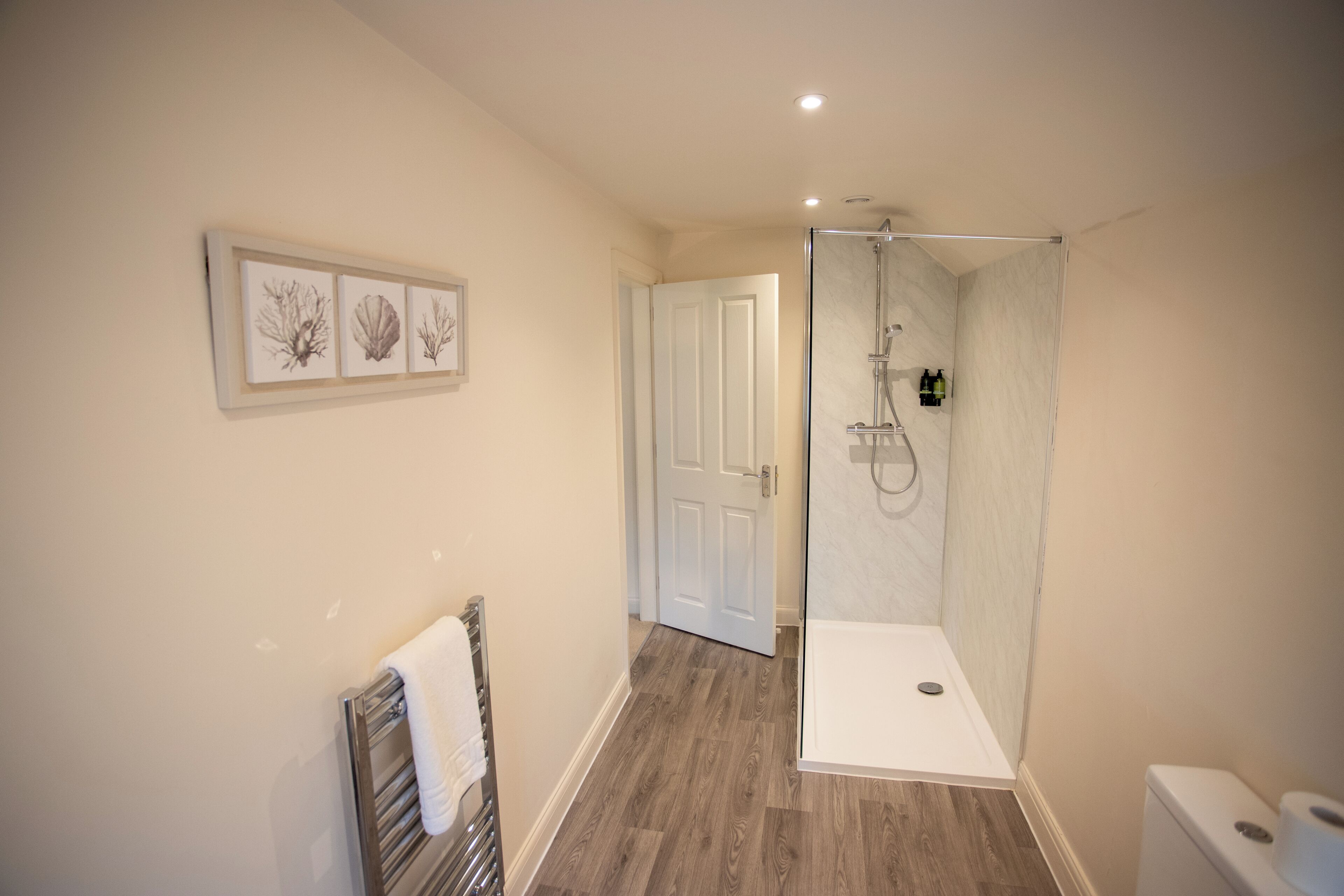 Un baño moderno con cabina de ducha de vidrio, piso de madera y puerta blanca.