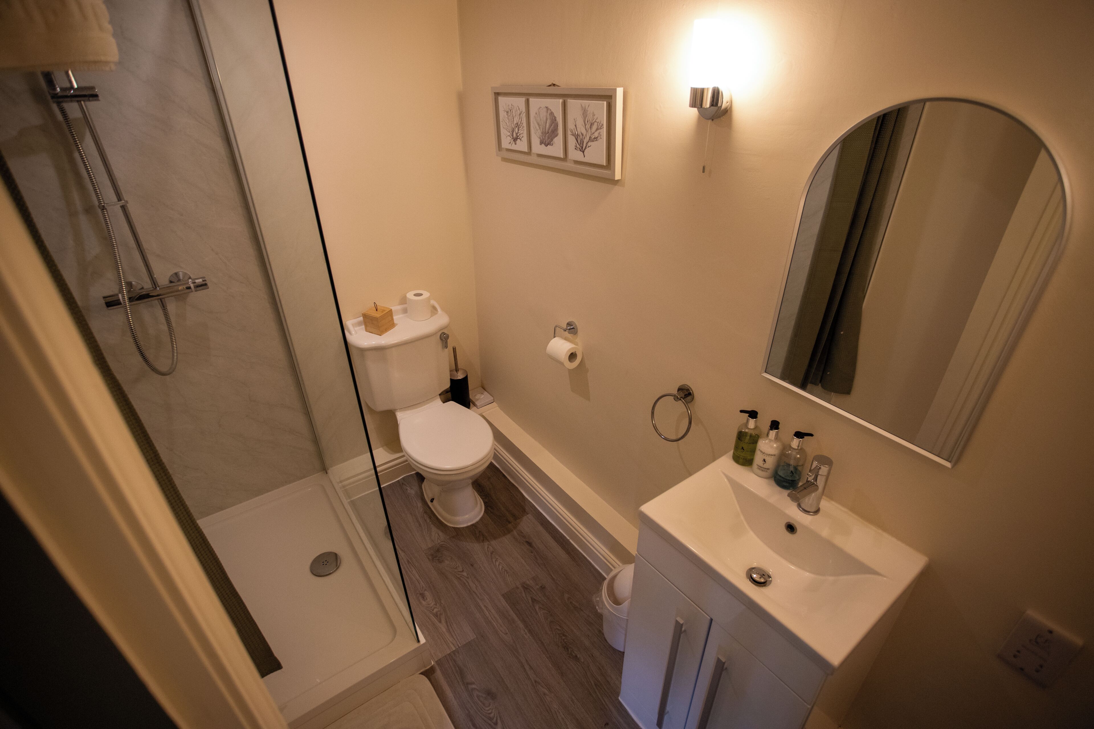 A bathroom with a shower, toilet, sink, and mirror.
