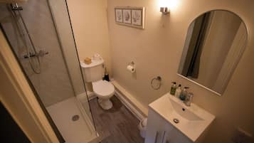 A bathroom with a shower, toilet, sink, and mirror.