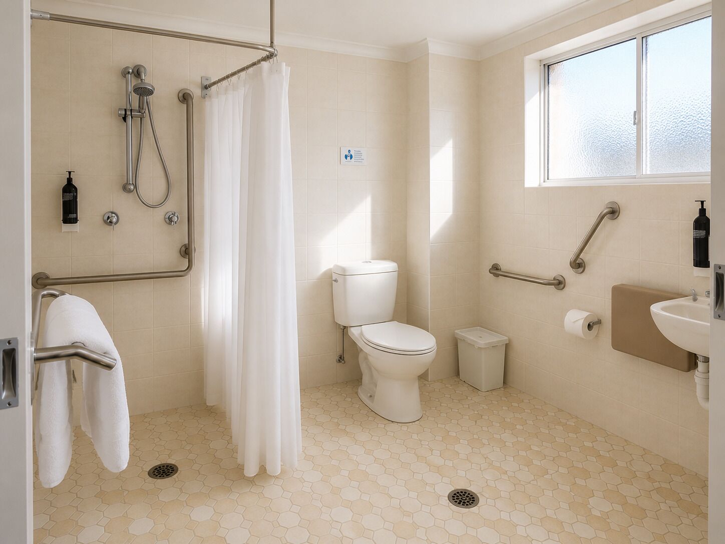 A bathroom with a shower, toilet, and sink, equipped with grab bars and a window.