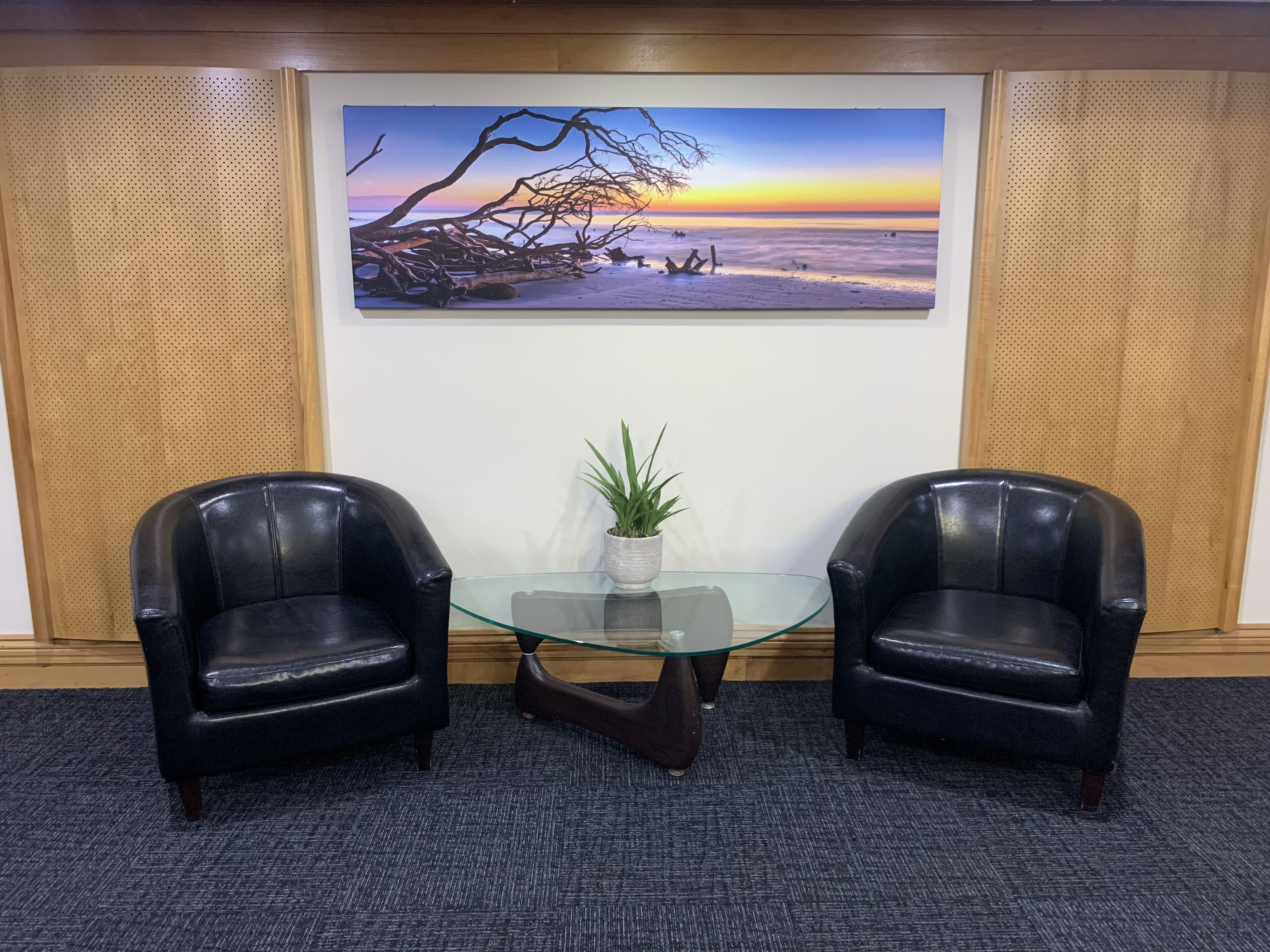 A room with two leather chairs, a glass table with a potted plant, and a large wall-mounted picture of a sunset over a beach.