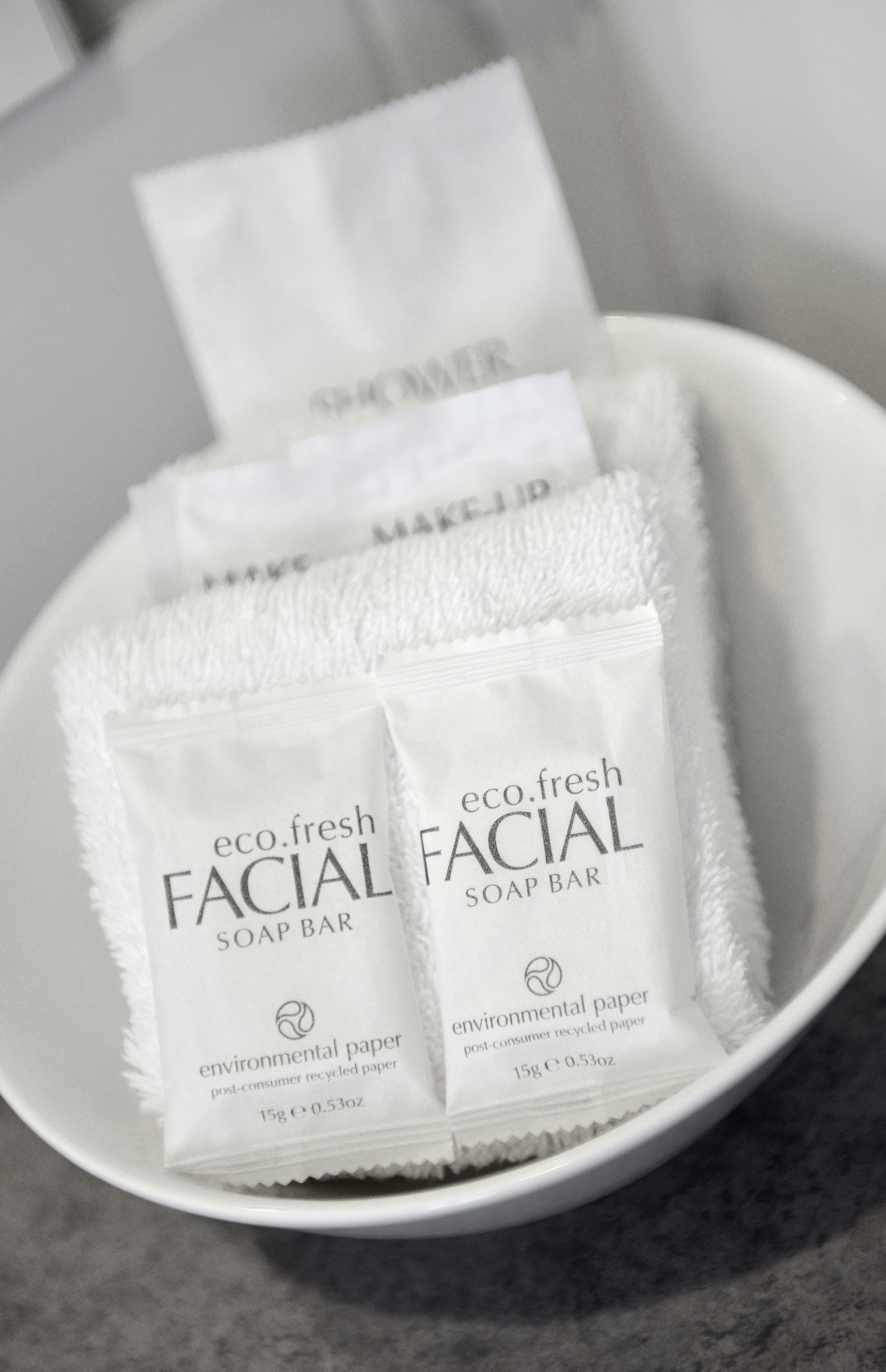 A bowl containing eco.fresh facial soap bars made from environmental paper.