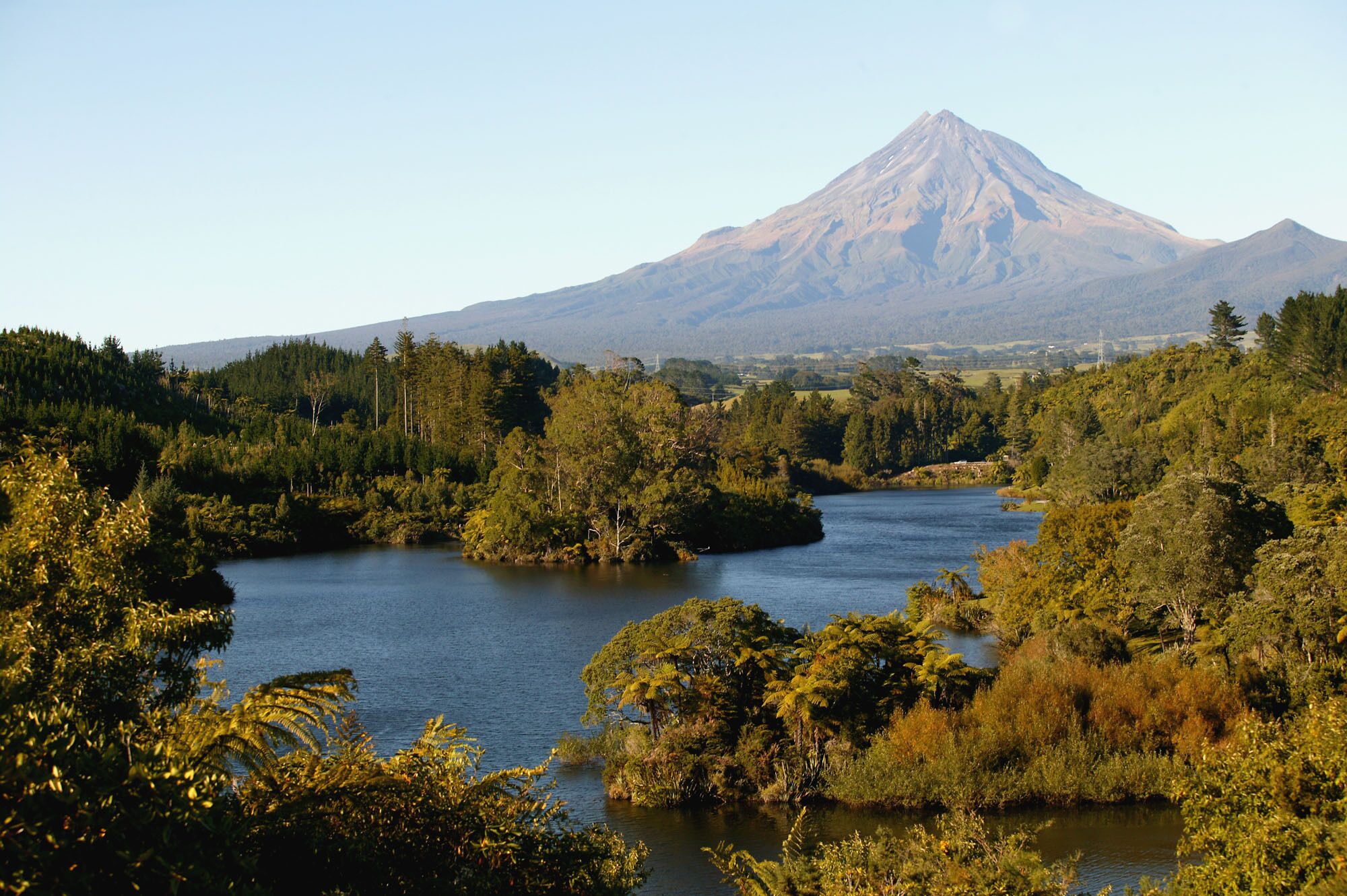 A river surrounded by dense forest and a mountain in the background.