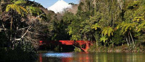 A red bridge over a calm river, surrounded by dense greenery and a snow-capped mountain in the background.