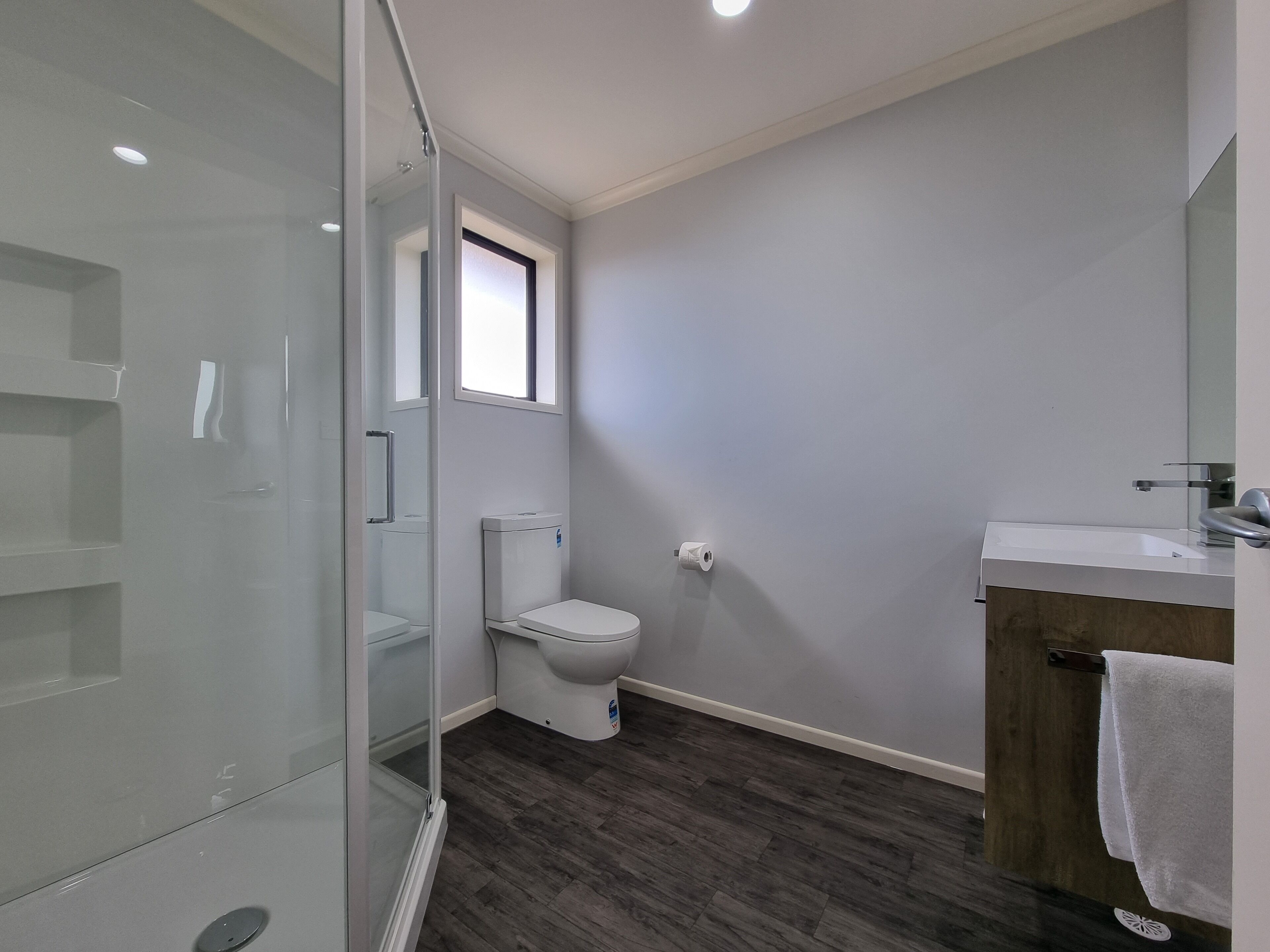A modern bathroom with a glass shower enclosure, a white toilet, and a wooden vanity with a mirror.