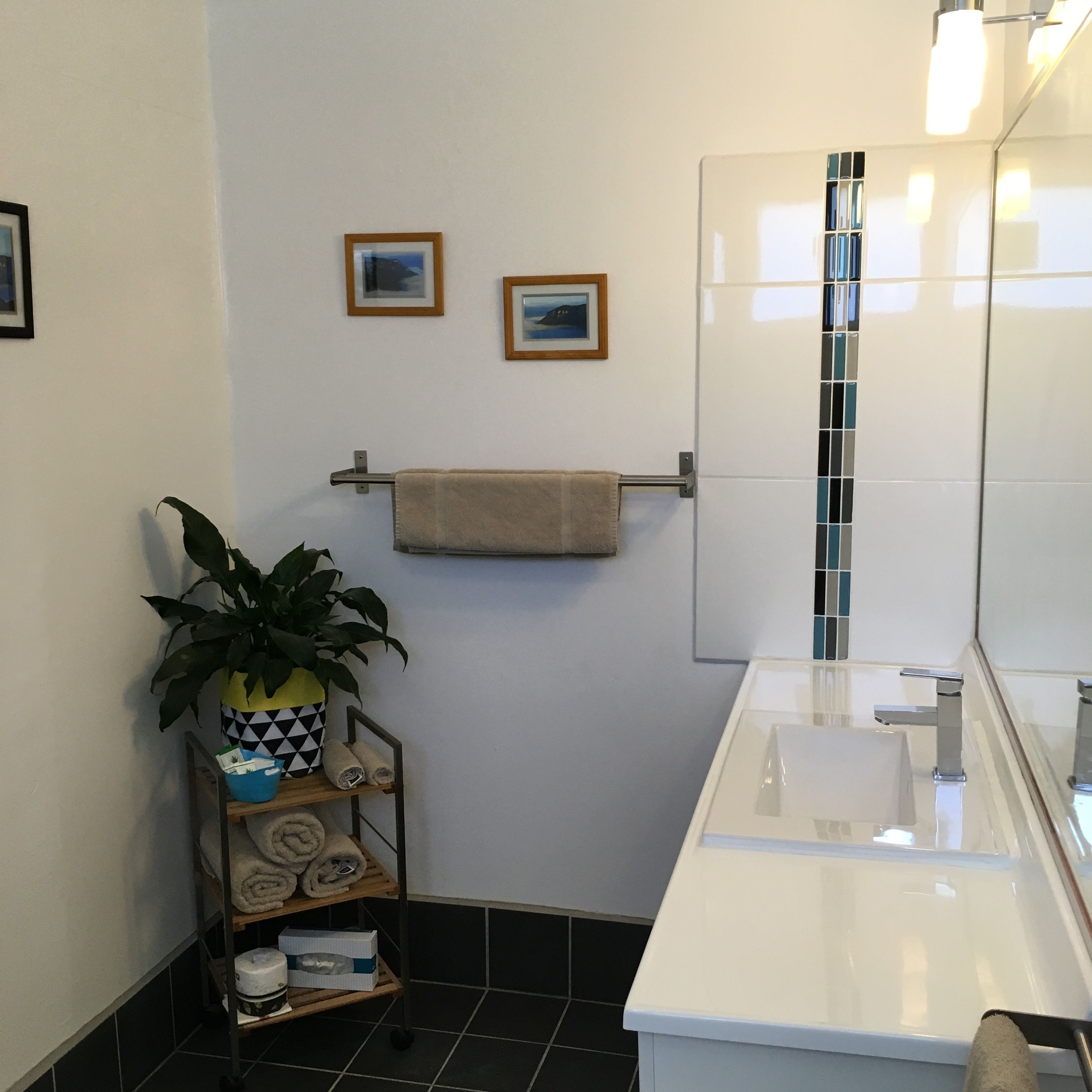 Une salle de bain avec un lavabo blanc, un miroir, un porte-serviettes et une étagère où sont posées des serviettes et une plante.