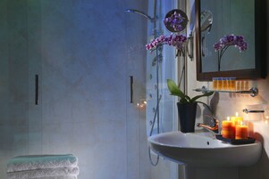 Shower, hydromassage showerhead, free toiletries, hair dryer
