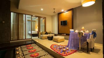 One Bedroom Pool Villas - Samaja Honeymoon Package (inclusive 1X Dinner 1X Massage) | Living area | 36-inch flat-screen TV with cable channels, TV