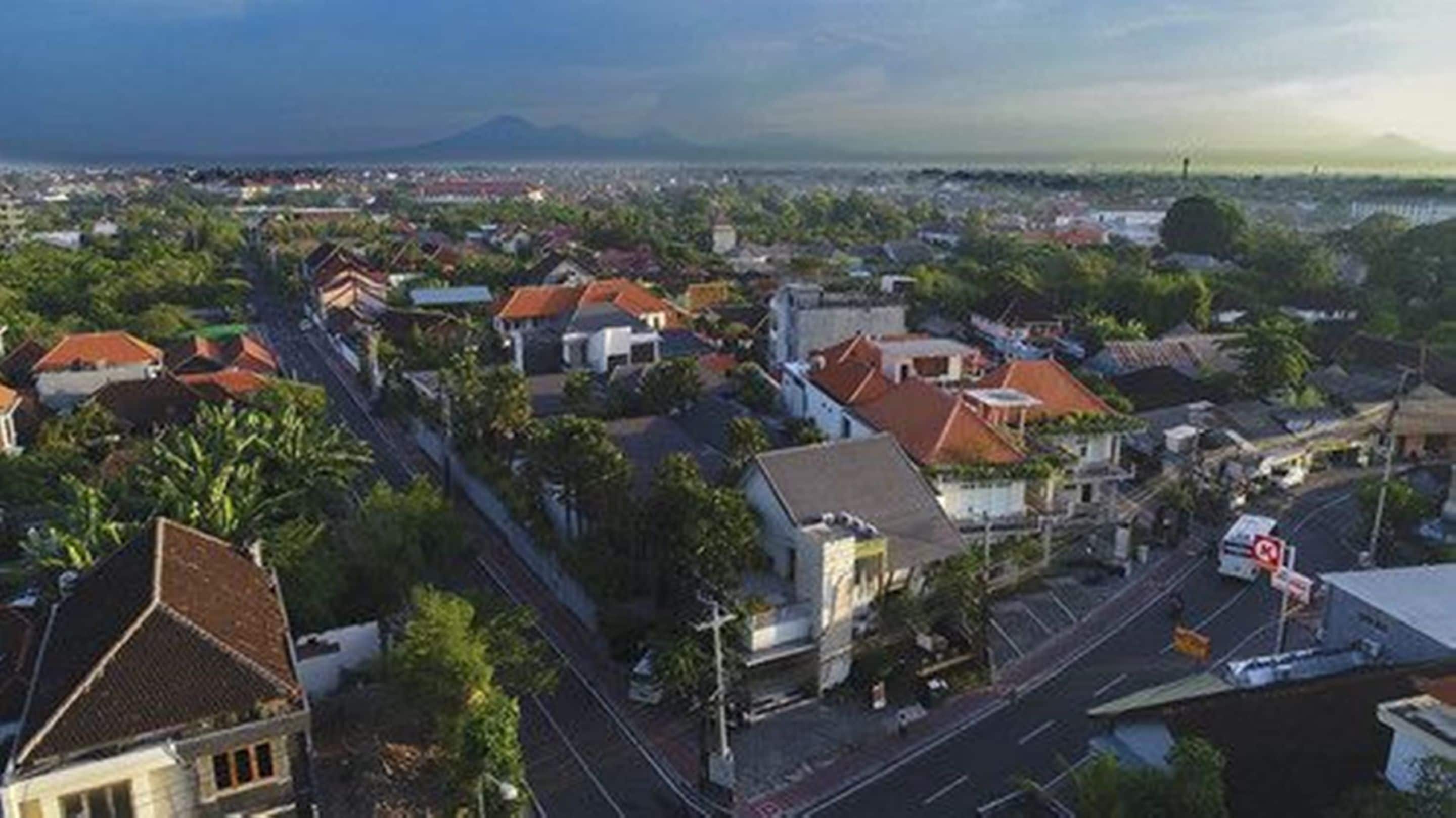 An aerial view of a residential area with houses, roads, and a mountain in the background.