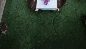 Eine Terrasse mit Tisch für vier Personen, umgeben von Blumentöpfen und einem Schuppen im Hintergrund.